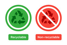 Recyclable And Non Recyclable Waste Sign Symbol.