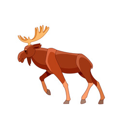 Bull moose walking. Wildlife scene. Cartoon character vector flat illustration isolated on a white background