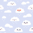 © tannikart - Seamless pattern with cute kawaii clouds. Simple cloud happy characters with snowflakes on purple background. Vector seamless design