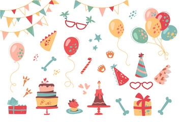 Festive set for birthday. Vector collection of hats, gifts, buntings, cakes, cupcakes, glasses and balloons. Dinosaur decorative elements, footprints and bones.