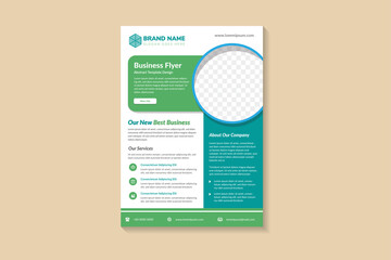 Wall Mural - Business flyer template design use vertical layout. green and blue colors element combine with white background. circle shape for space of photo collage. 