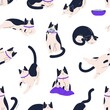 Seamless repeating pattern with cute funny cats on white background. Endless repeatable texture with adorable sweet kittens relaxing and playing. Colored flat vector illustration for printing