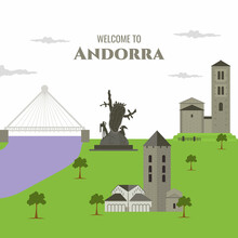 Welcome To Andorra Postcard. Travel And Trip Tourist Vacation Concept Of Europe World Map Vector Illustration With Landmark Building Collection In Flat Cartoon Design Template For Poster, Banner