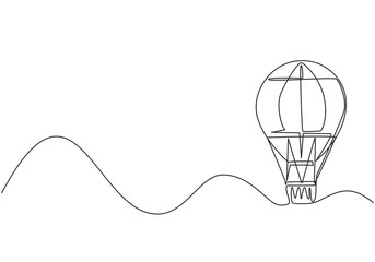 Poster - Continuous one line drawing hot air balloon with stripe pattern and a passenger basket. Fun flying vacation experience in the sky with the family. Single line draw design vector graphic illustration.