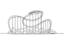 Single Continuous Line Drawing Of A Roller Coaster In Amusement Park With A Track High Into The Sky. The Passenger Screamed While Moving At High Speed. One Line Draw Graphic Design Vector Illustration