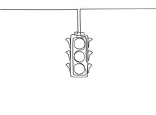 Single Continuous Line Drawing Of Traffic Lights That Are Placed Hanging Above The Highway Crossing. There Are Four Direction Traffic Lights. Dynamic One Line Draw Graphic Design Vector Illustration.