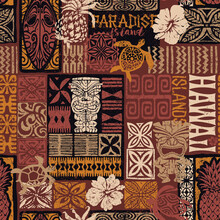 Hawaiian Style Tribal Motif Fabric Patchwork Abstract Vintage Vector Seamless Pattern 