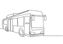 Single Continuous Line Drawing City Buses Serving Commuter Employees And School Students Depart From Their Homes To Their Respective Destinations. One Line Draw Graphic Design Vector Illustration.