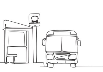 Poster - Single one line drawing of bus stop with shelter, simple bus sign and a bus waiting for passengers to get on and off, then continue the journey. Continuous line draw design graphic vector illustration