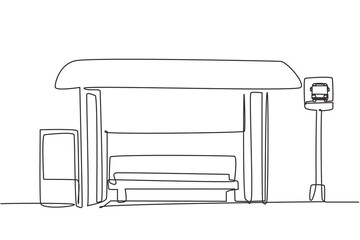 Poster - Single one line drawing of bus stops with shelter, simple bus signs and trash cans located on the side of urban roads where passengers get on and off. One line draw design graphic vector illustration.