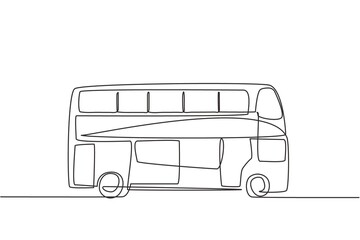 Poster - Single continuous line drawing double decker buses that are seen from the side, serve tourists to go around the city enjoying their holidays. Dynamic one line draw graphic design vector illustration.