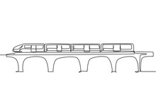 Single One Line Drawing Of The Bullet Train That Is Passing On The Bridge Goes Fast To Deliver The Passengers At The Destination Station. Modern Continuous Line Draw Design Graphic Vector Illustration