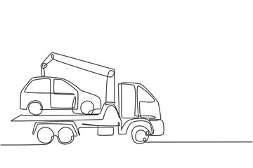 Poster - Single continuous line drawing tow truck is transporting a broken car on top of it with a crane. The car is taken to the garage for service. Dynamic one line draw graphic design vector illustration.