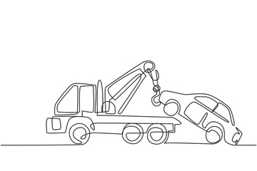 Poster - continuous one line drawing tow truck is lifting the broken car to be lifted onto it using the crane