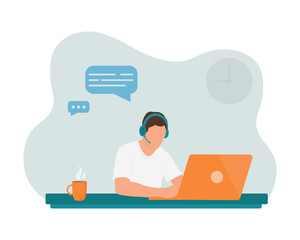 Fototapete - Man is working  at the desktop with a laptop and headphones with microphone. Online customer support call center. Vector illustration in cartoon style