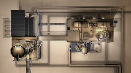 Top lay out view on oil and gas refinery industrial on night time.3d rendering.