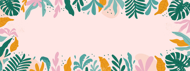  Tropical frame with space for text. Background with plants and tropical leaves - backdrop for banners, cards, posters. Vector