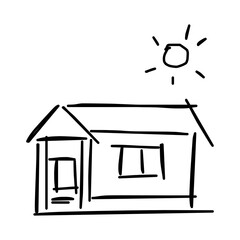 House icon of rough line art, sun, black 08