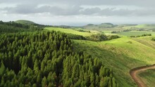 Sao Miguel Island, Azores, Portugal. Drone Footage Of The Terrain Covered With Lush Green Vegetation. Beautiful Landscape With Forests And Fields During The Dawn. High Quality 4k Footage