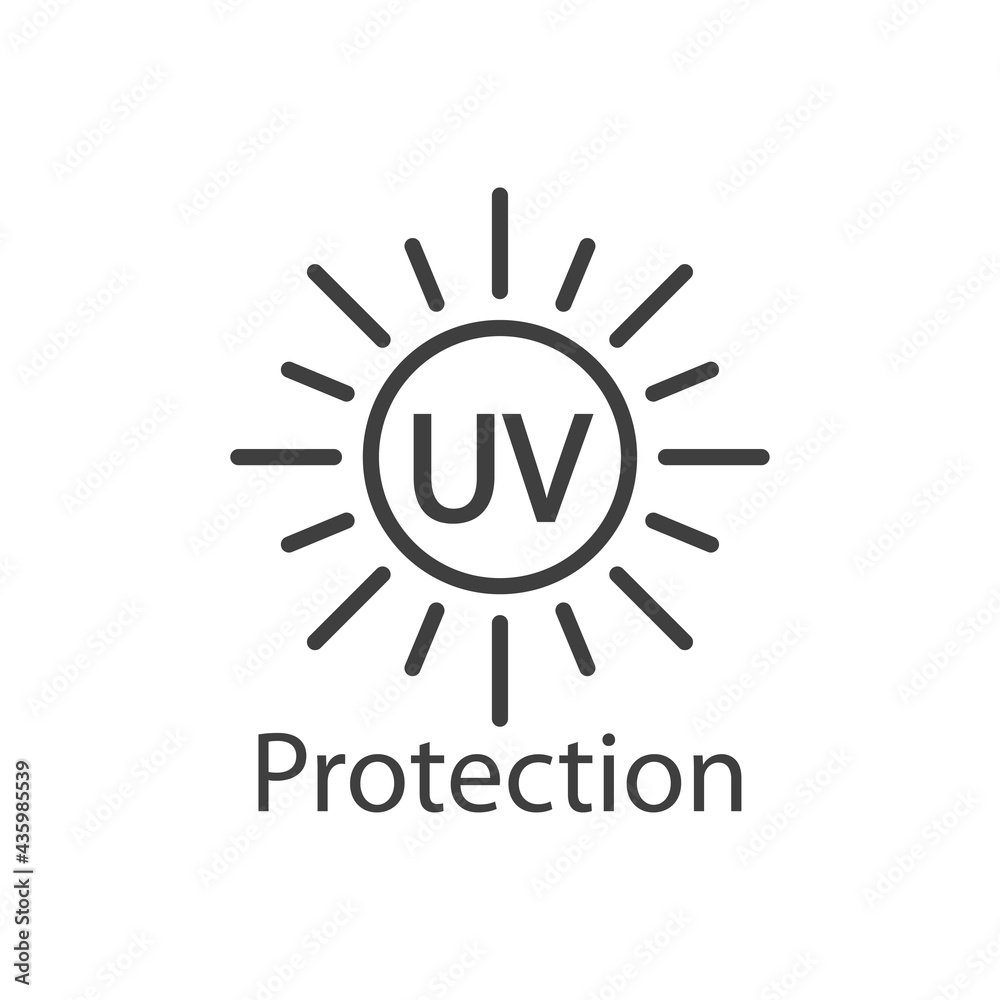 Concepto vacaciones de verano. Crema solar. Logotipo con texto UV Protection en sol con lineas en color gris - obrazy, fototapety, plakaty 