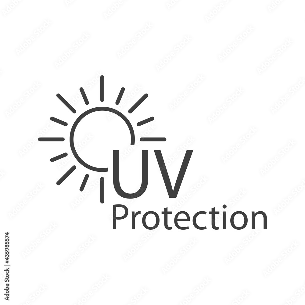 Concepto vacaciones de verano. Crema solar. Logotipo con texto UV Protection en sol con lineas en color gris - obrazy, fototapety, plakaty 