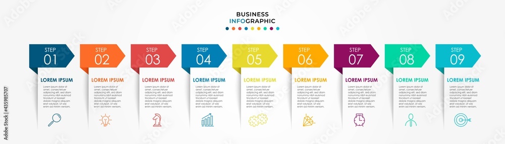 Vector Infographic design business template with icons and 9 options or steps. Can be used for process diagram, presentations, workflow layout, banner, flow chart, info graph - obrazy, fototapety, plakaty 