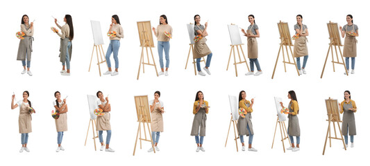 Wall Mural - Young women drawing on easels against white background, collage. Banner design