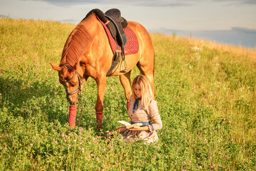 Wall Mural - girl with book in the field. woman walking with horse