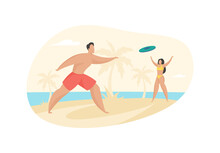 Beach Frisbee. Guy Throws Green Plastic Disc To Girl. Active Play Tropical Sandy Coast. Leisure In Open Sea With Flabber Guts. Travel And Vacation Sunny Beach. Vector Flat Illustration Isolated