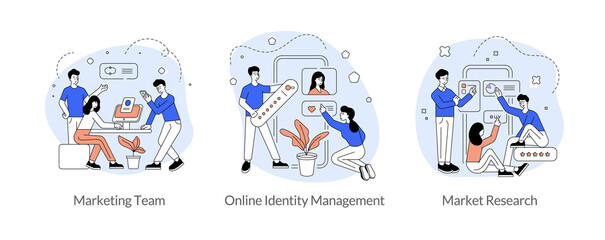 Poster - Marketing teamwork research flat linear vector illustration set. Marketing team, online identity management, market research. Social media application development. Men and women cartoon characters
