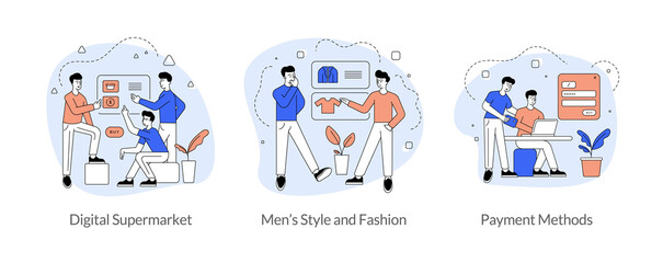 Poster - Commerce and trade in internet flat linear vector illustration set. Digital supermarket, men s style and fashion, payment methods. Men cartoon characters