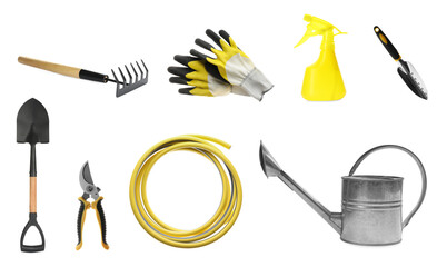 Set with different gardening tools on white background. Banner design