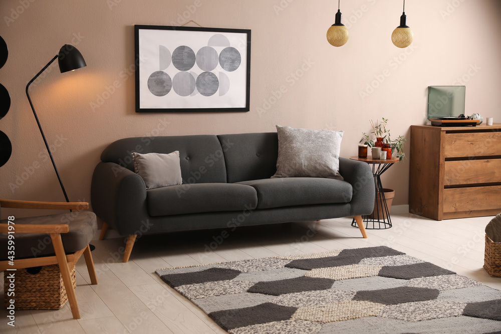 Stylish living room interior with comfortable dark sofa Stock Photo ...