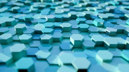 Poster - Blue hexagon modules in random waving motion. 4K seamless loop. Abstract technology, data and engineering motion background. Perspective and depth of field settings. 3D rendering.