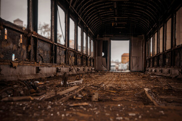 Wall Mural - Old abandoned and broken train.very dirty and a lot of debris. Lost Place