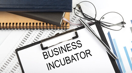 Poster - Text BUSINESS INCUBATOR on Office desk table with notebooks, supplies,analysis chart, on the white background.