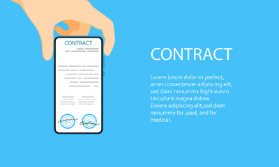Electronic contract or digital signature concept in vector illustration. Online e-contract document sign via desktop PC. Website or webpage layout template.