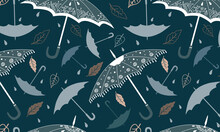 A Vector Hand-drawn Seamless Pattern With Umbrellas, Raindrops And Falling Leaves On A Dark Background, Implying An Dark Autumn Day.  Perfect For Textile, Wallpapers, Wrapping And Packaging.  