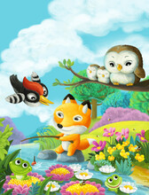 Cartoon Scene Forest Animals Friends Fishing Illustration
