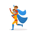 father and son playing superheroes dressed in costumes running together, boy sitting on dads back shoulders , funnny fathers day isolated vector illustration scene