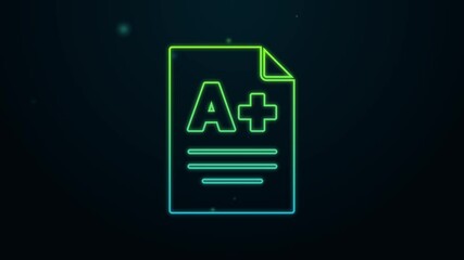 Sticker - Glowing neon line Exam sheet with A plus grade icon isolated on black background. Test paper, exam, or survey concept. School test or exam. 4K Video motion graphic animation