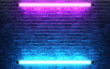 Wall Mural - Modern futuristic neon lights on old grunge brick wall room background. 3d rendering