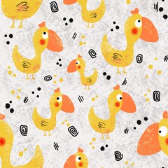 A seamless drawing with a funny yellow bird on a gray background. The illustration is hand-drawn in doodle style. Digital illustration. Design for fabric, paper and other items.