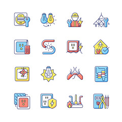 Sticker - Electrician service RGB color icons set. Changing lightbulb. Operating with electric devices, equipment. Isolated vector illustrations. Appliance damage simple filled line drawings collection