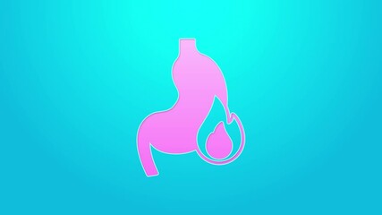 Wall Mural - Pink line Stomach heartburn icon isolated on blue background. Stomach burn. Gastritis and acid reflux, indigestion and stomach pain problems. 4K Video motion graphic animation