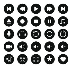 Aufkleber - Audio and video icon symbol set. Volume control button collection. Interface and application sign elements. Stop and play buttons. Vector illustration image.