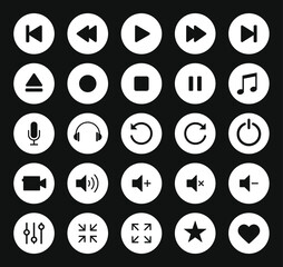 Aufkleber - Audio and video icon symbol set. Volume control button collection. Interface and application sign elements. Stop and play buttons. Vector illustration image.