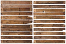 Old Wooden Planks Isolated On White Background. Set Of 22 Long Rustic Weathered Wood Plank With Rusty Nails, Sharp And Highly Detailed.