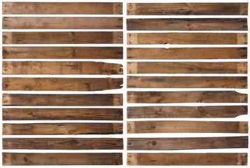 Wall Mural - old wooden planks isolated on white background. set of 22 long rustic weathered wood plank with rust