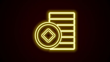 Poster - Glowing neon line Chinese Yuan currency symbol icon isolated on black background. Coin money. Banking currency sign. Cash symbol. 4K Video motion graphic animation